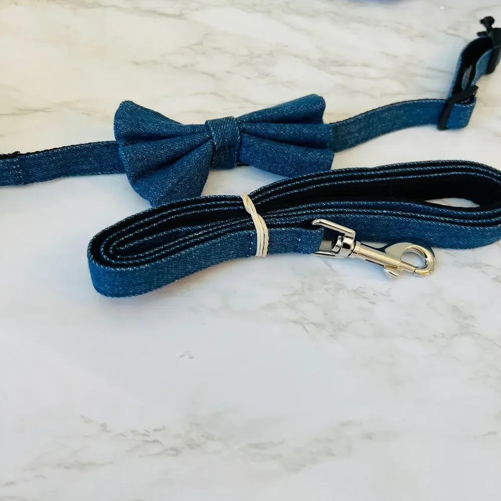 Bow Tie Dog Collar and Leash Set for Medium Dogs - Medium Puppy Blue Denim